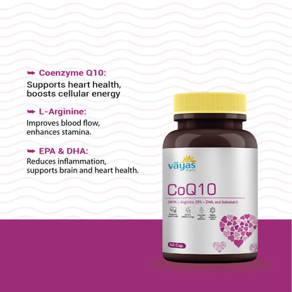 Vāyas CoQ10 with L-Arginine, EPA, DHA & Selenium | Heart Health & Cellular Energy