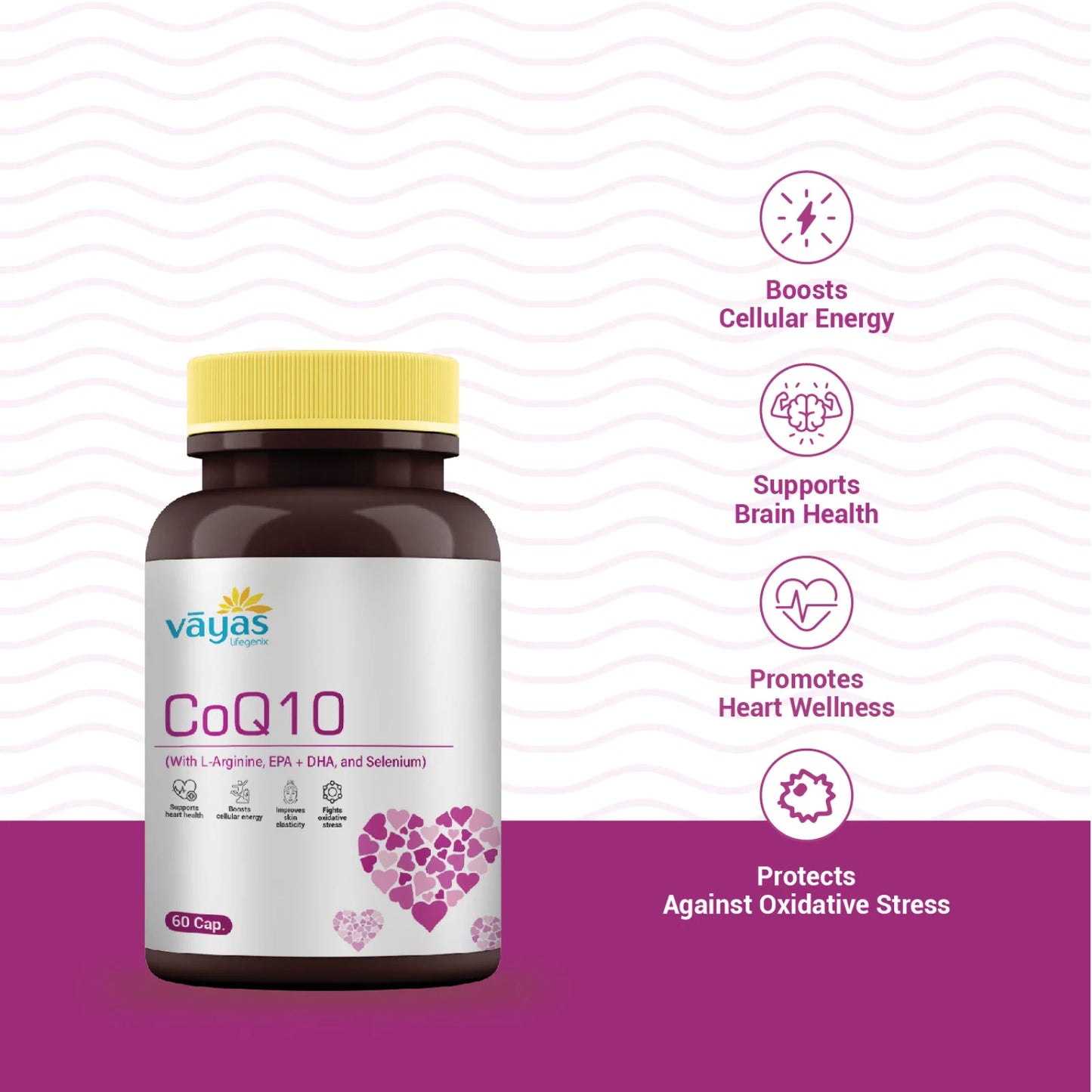 Vāyas CoQ10 with L-Arginine, EPA, DHA & Selenium | Heart Health & Cellular Energy