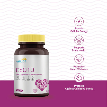 Vāyas CoQ10 with L-Arginine, EPA, DHA & Selenium | Heart Health & Cellular Energy