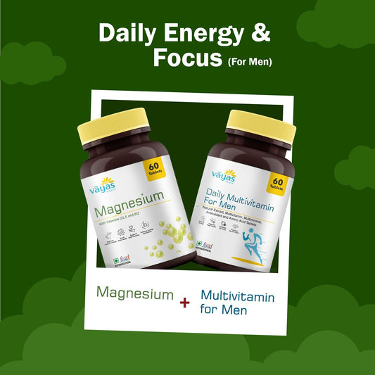 Vāyas Men’s Performance Stack: Daily Multivitamin + Magnesium Combo (Fuel & Recover Kit for Energy, Focus, and Muscle Health)