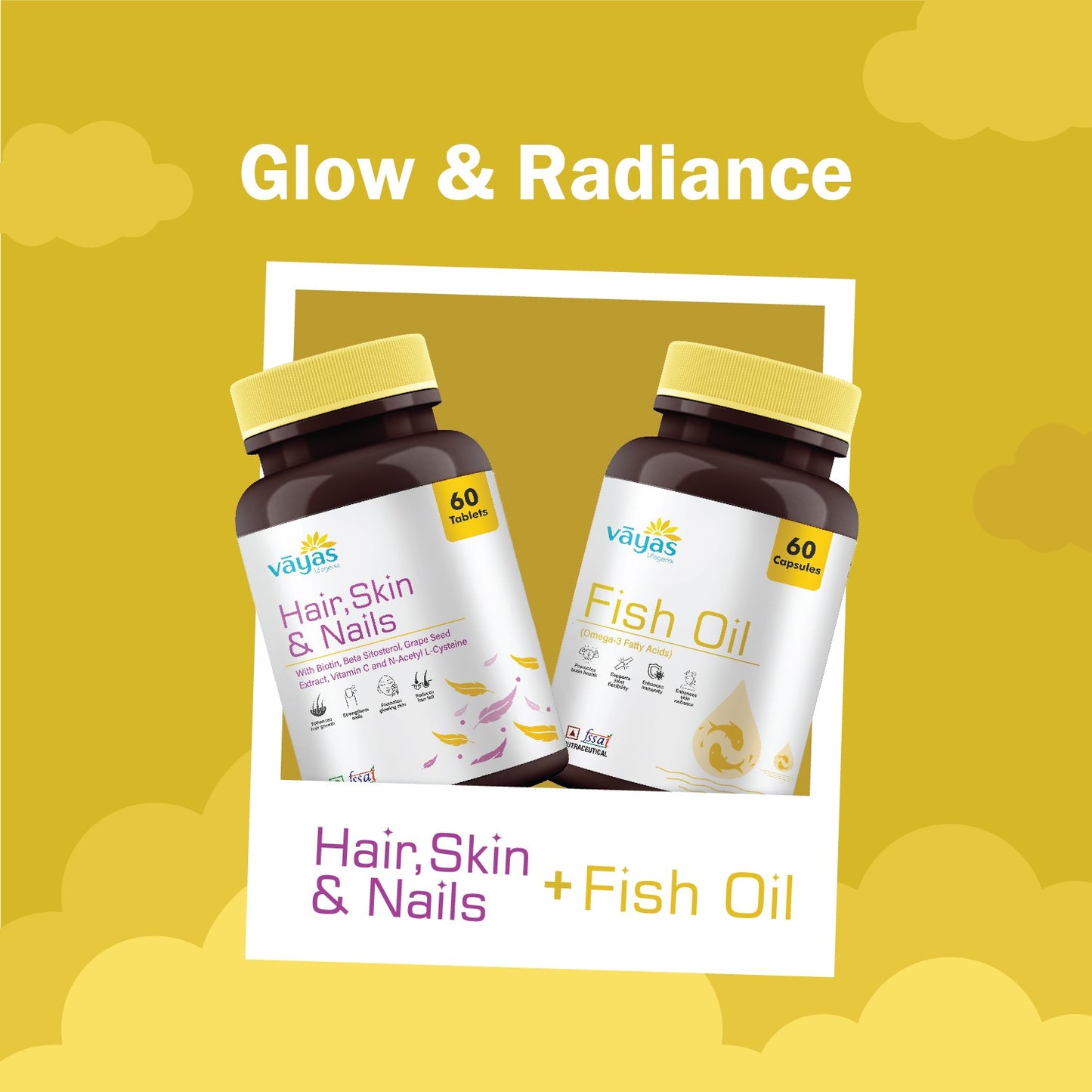 Vāyas Ultimate Glow & Radiance Duo: Hair, Skin & Nails + Fish Oil Combo (Advanced Support for Hair Growth, Skin Hydration, and Natural Beauty)