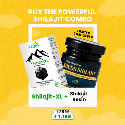 Promotional image of Shilajit products with a yellow background and text highlighting a limited time offer.