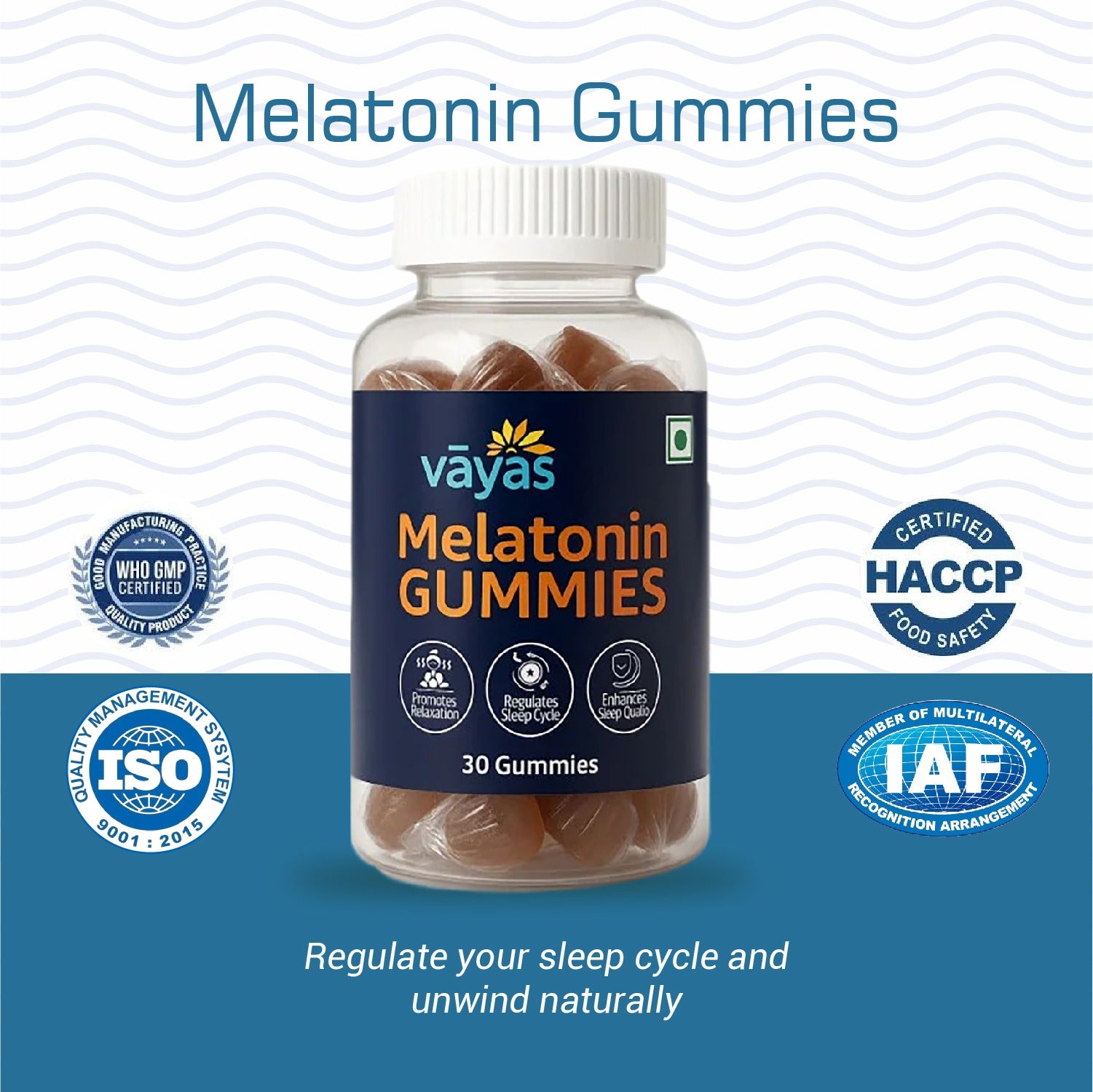 Vayas Melatonin Gummies bottle with certification logos