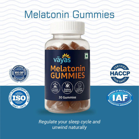 Vayas Melatonin Gummies bottle with certification logos