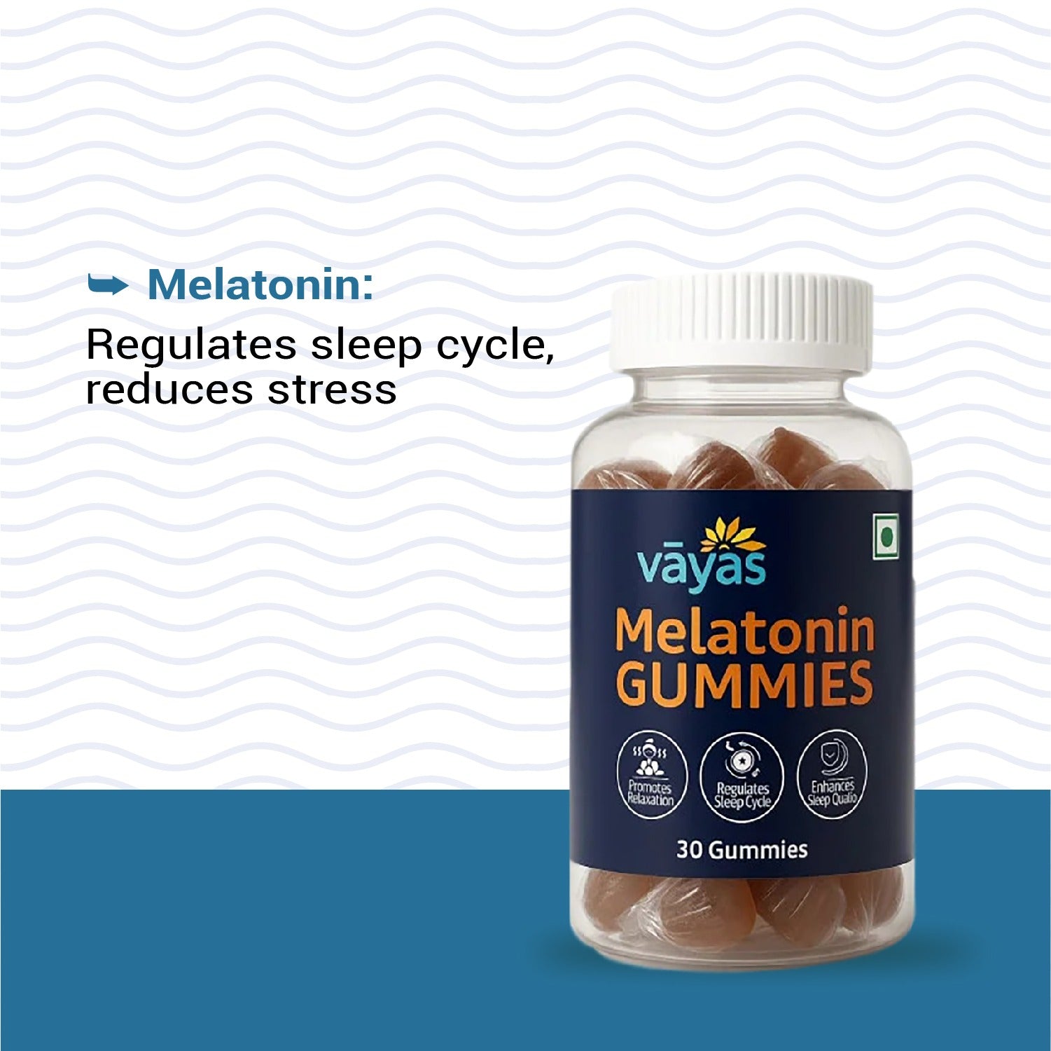 Bottle of Vayas Melatonin Deep Sleep Gummies with text about melatonin's benefits 