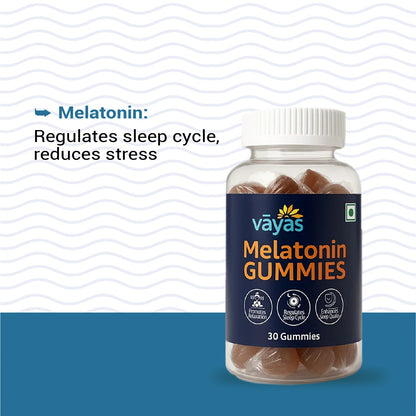 Bottle of Vayas Melatonin Deep Sleep Gummies with text about melatonin's benefits 