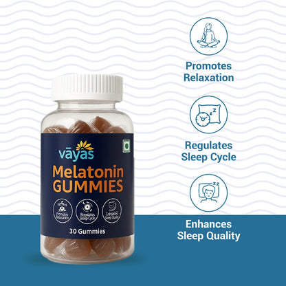 Bottle of Vayas Melatonin Gummies for deep sleep with benefits listed