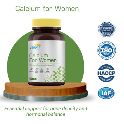 Vāyas Calcium for Women with Calcium Citrate, Soy Isoflavones, Vitamin D2, Magnesium & Zinc | Builds & Maintains Bone Density | Supports Hormonal Balance through Life Transitions | Specially Formulated for Women 30+ | 60 Tablets