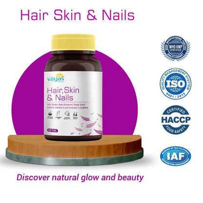 Vāyas Hair, Skin & Nails Supplement with Biotin, Hyaluronic Acid & Vitamin C | Supports Hair Growth & Reduces Hair Fall | Plumps & Hydrates Skin for Youthful Glow | Strengthens Brittle Nails | Boosts Collagen Synthesis | 60 Tablets