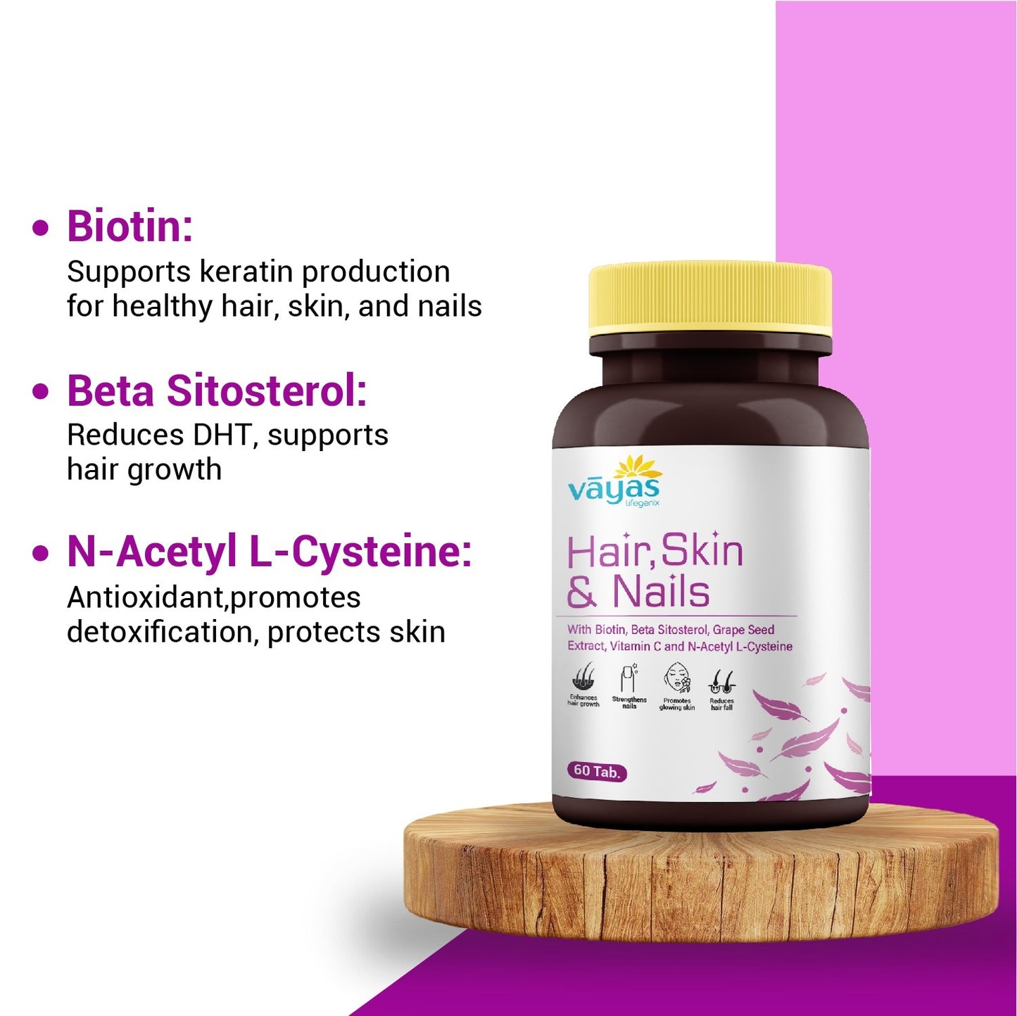 Vāyas Hair, Skin & Nails Supplement with Biotin, Hyaluronic Acid & Vitamin C | Supports Hair Growth & Reduces Hair Fall | Plumps & Hydrates Skin for Youthful Glow | Strengthens Brittle Nails | Boosts Collagen Synthesis | 60 Tablets