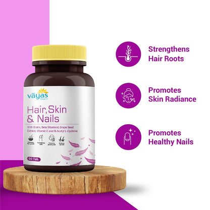 Vāyas Hair, Skin & Nails Supplement with Biotin, Hyaluronic Acid & Vitamin C | Supports Hair Growth & Reduces Hair Fall | Plumps & Hydrates Skin for Youthful Glow | Strengthens Brittle Nails | Boosts Collagen Synthesis | 60 Tablets