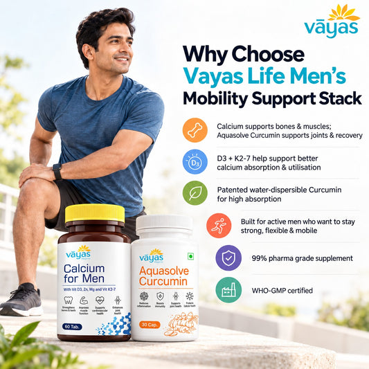 Vāyas Life Men’s Mobility Support Stack: Calcium for Men + Aquasolve Curcumin Combo