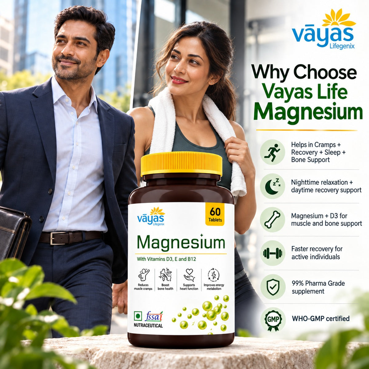 Vāyas Life Magnesium Tablets for Sleep, Muscle Recovery and Relaxation