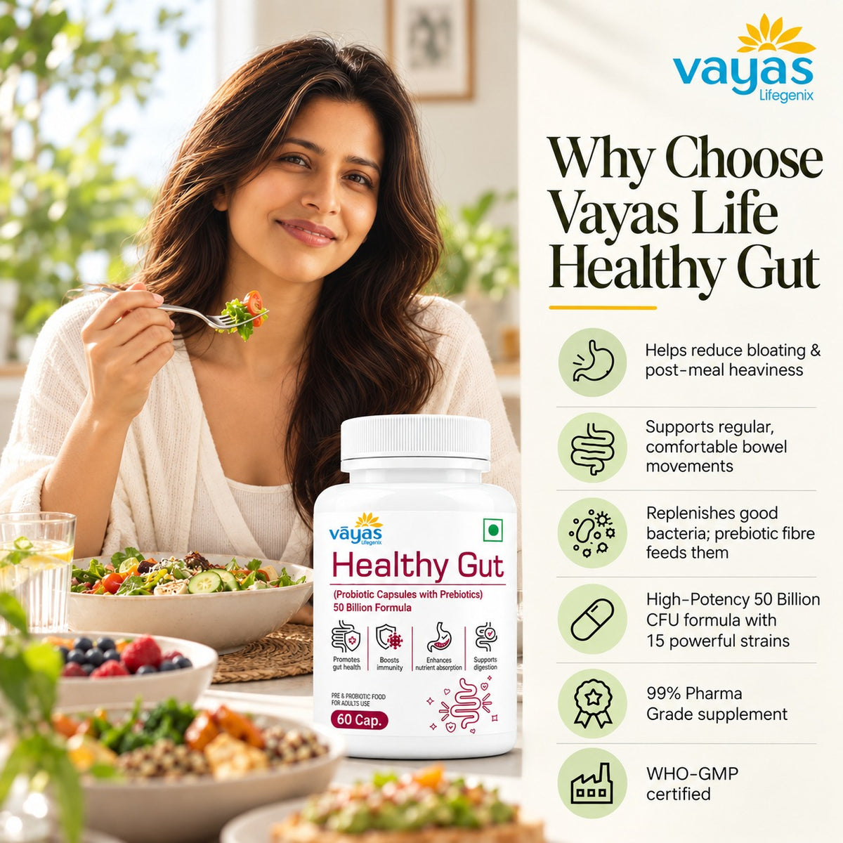 Vāyas Life Probiotic Capsules with Prebiotics for Gut and Digestive Health