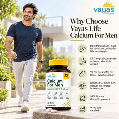 Vāyas Life Calcium Tablets for Men with Vitamin D3 and K2 for Bone Health