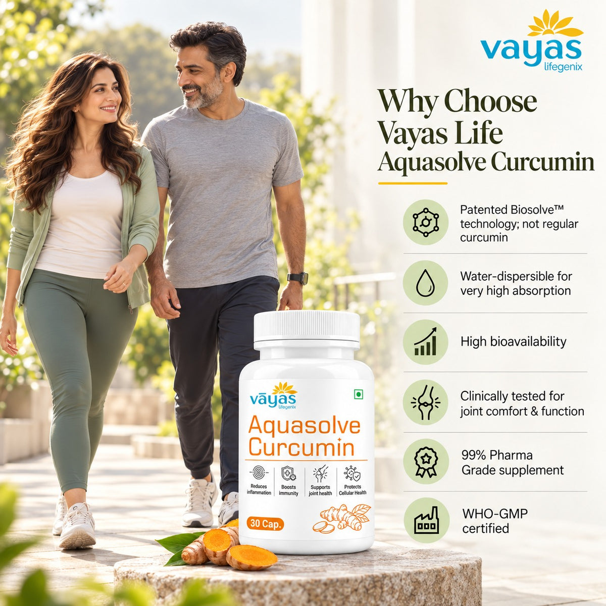 Vāyas Life AquaSolve Curcumin Supplement for Daily Wellness and Joint Support