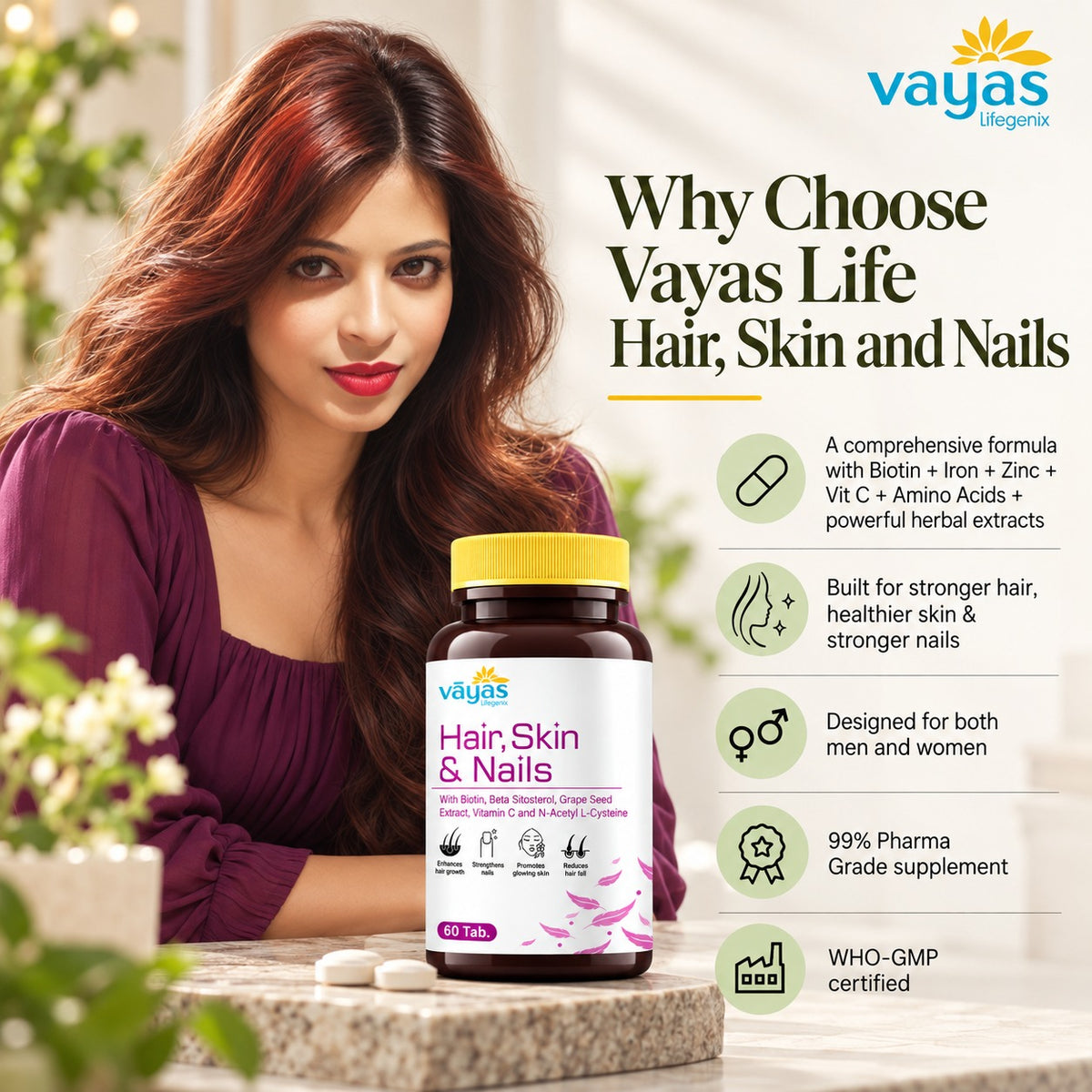 Vāyas Life Biotin Supplement for Hair, Skin and Nail Health