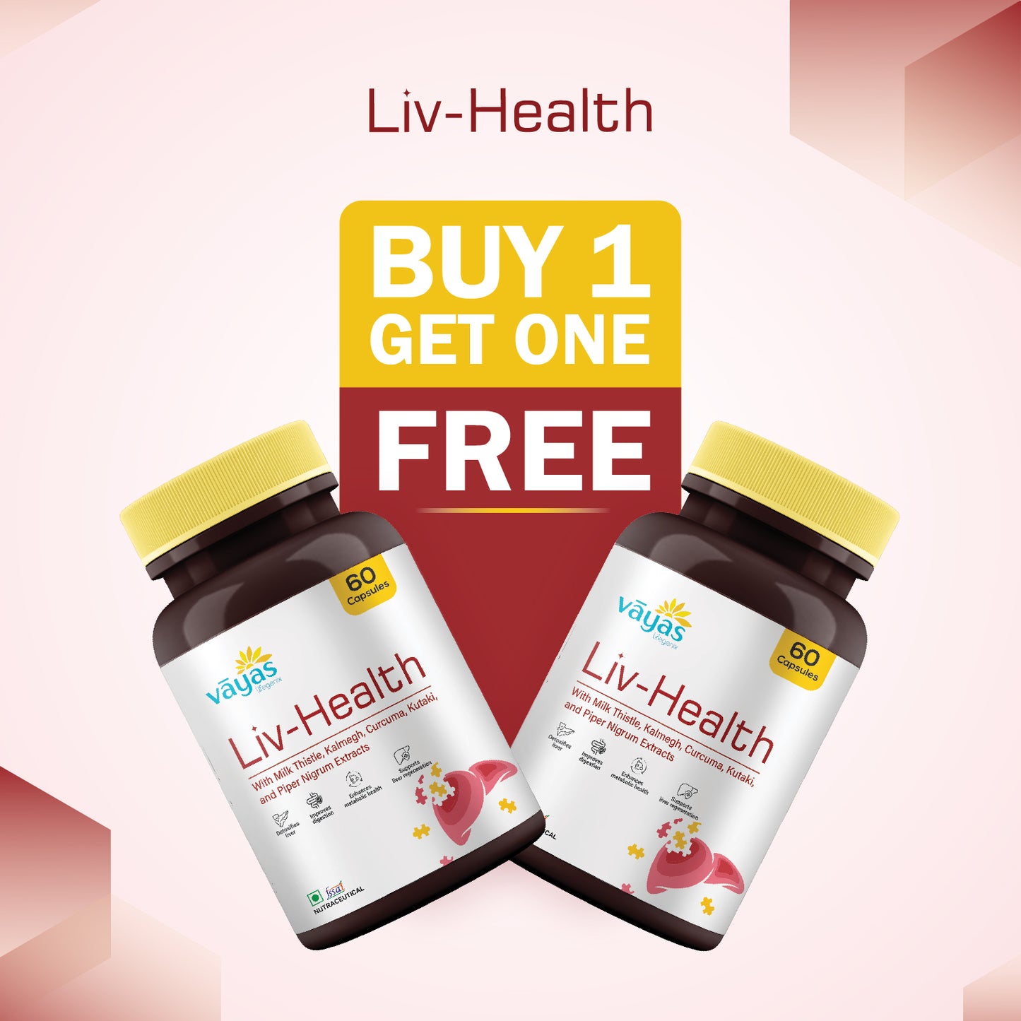 Vāyas Liv-Health: Buy 1 Get 1 FREE (Advanced Liver Detox and Metabolic Support Supplement - 120 Capsules Total)