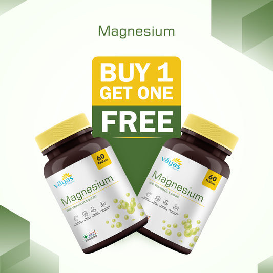 Vāyas Magnesium: Buy 1 Get 1 FREE (Supports Muscle Relaxation, Bone Health & Energy - 120 Tablets Total)