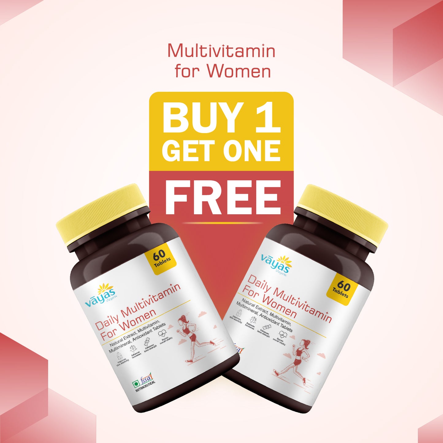 Vāyas Daily Multivitamin for Women: Buy 1 Get 1 FREE (Supports Hormonal Balance, Glowing Skin & Bone Strength - 120 Capsules Total)