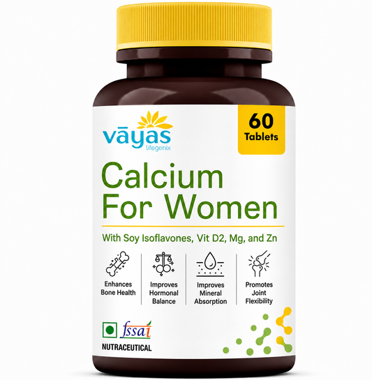 Vāyas Calcium for Women with Calcium Citrate, Soy Isoflavones, Vitamin D2, Magnesium & Zinc | Builds & Maintains Bone Density | Supports Hormonal Balance through Life Transitions | Specially Formulated for Women 30+ | 60 Tablets
