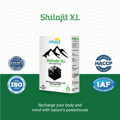 Shilajit XL packaging with certification logos.