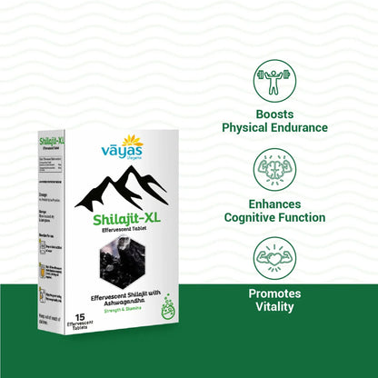 Vayas Shilajit-XL supplement packaging with product details and benefits.